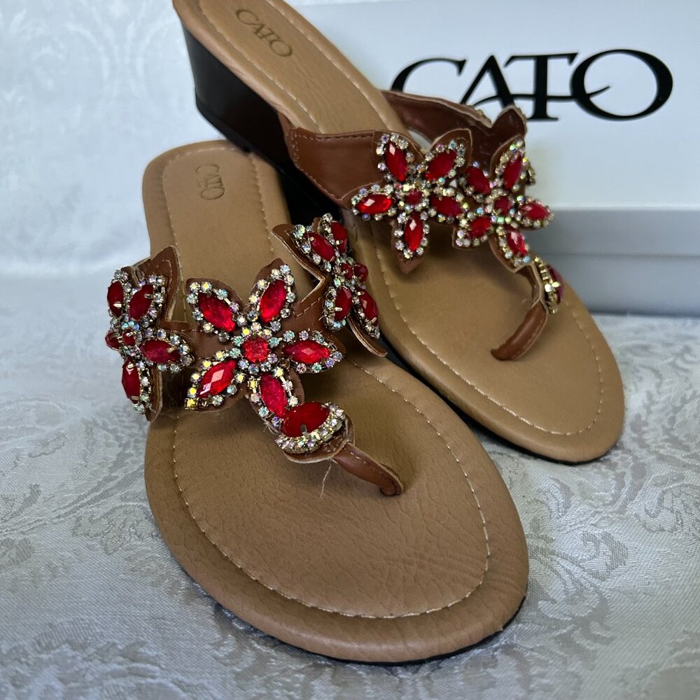 Cato womens Red Floral Gemstone wedge sandals size 7